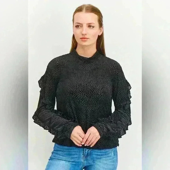 Avec Les Filles Ruffle Long Sleeve Top ~ Black ~ Medium ~ NWT! - Picture 9 of 12